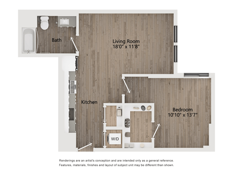 Floor plan for 1 bed, 1 bath, 740 sqft